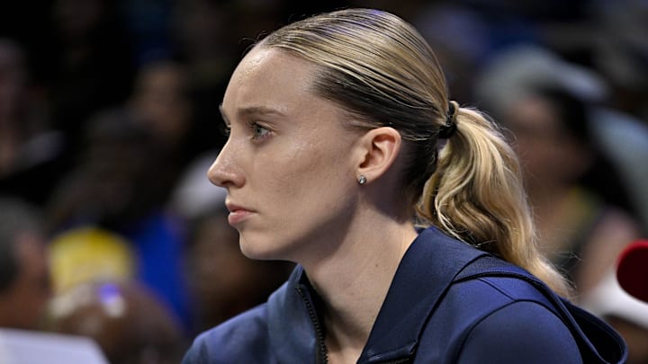 Aug 8, 2025; Arlington, Texas, USA; Dallas Wings guard Paige Bueckers (5) looks on during the first half against the New York Liberty at College Park Center. Mandatory Credit: Jerome Miron-Imagn Images