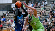 Team Faygo and Michigan State's Jaxon Kohler, right, defends against Team SPS and MSU's Ker Teng during the Moneyball Pro-Am on Thursday, July 24, 2025, at Holt High School.