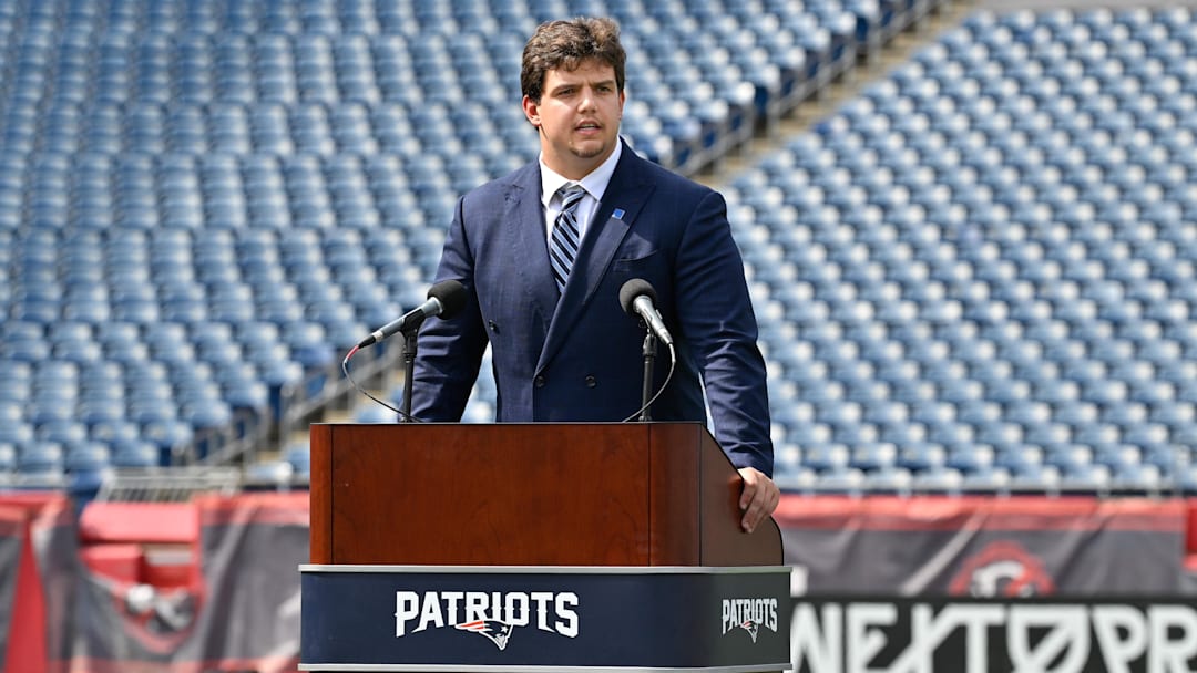 Apr 25, 2025; Foxborough, MA, USA; New England Patriots first round draft pick Will Campbell addresses media during a press conference on the game field at Gillette Stadium. 