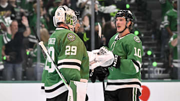 Apr 28, 2025; Dallas, Texas, USA; Dallas Stars goaltender Jake Oettinger (29) and center Oskar Back (10) celebrate the win over the Colorado Avalanche in game five of the first round of the 2025 Stanley Cup Playoffs at American Airlines Center. Mandatory Credit: Jerome Miron-Imagn Images