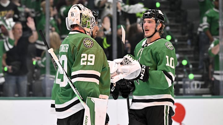 Apr 28, 2025; Dallas, Texas, USA; Dallas Stars goaltender Jake Oettinger (29) and center Oskar Back (10) celebrate the win over the Colorado Avalanche in game five of the first round of the 2025 Stanley Cup Playoffs at American Airlines Center. Mandatory Credit: Jerome Miron-Imagn Images
