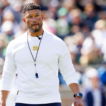 Notre Dame head coach Marcus Freeman during the Notre Dame Blue-Gold spring football game at Notre Dame Stadium on Saturday, April 12, 2025, in South Bend.