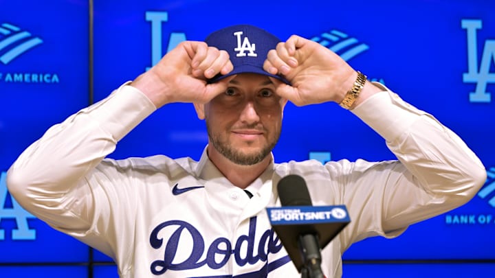 Jan 21, 2026; Los Angeles, CA, USA;  Los Angeles Dodgers right fielder Kyle Tucker (23) is introduced to the media during a press conference at Dodger Stadium. 