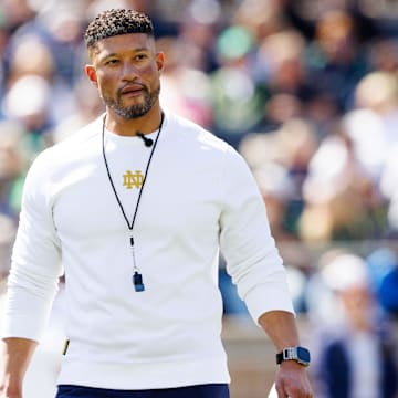 Notre Dame head coach Marcus Freeman during the Notre Dame Blue-Gold spring football game at Notre Dame Stadium on Saturday, April 12, 2025, in South Bend.