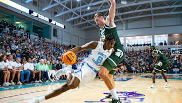 The Michigan State Spartans compete against the North Carolina Tar Heels in the Fort Myers Tip-Off Beach Division game at Suncoast Credit Union Arena on Fort Myers, Fla., on Thursday, Nov. 27, 2025.