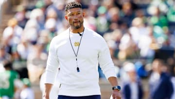 Notre Dame head coach Marcus Freeman during the Notre Dame Blue-Gold spring football game at Notre Dame Stadium on Saturday, April 12, 2025, in South Bend.