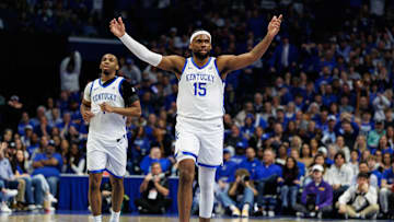 Mar 4, 2025; Lexington, Kentucky, USA; Kentucky Wildcats forward Ansley Almonor (15) reacts after guard Otega Oweh is fouled during the second half against the LSU Tigers at Rupp Arena at Central Bank Center. Mandatory Credit: Jordan Prather-Imagn Images