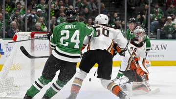 Jan 25, 2024; Dallas, Texas, USA; Dallas Stars defenseman Thomas Harley (55) scores the game winning