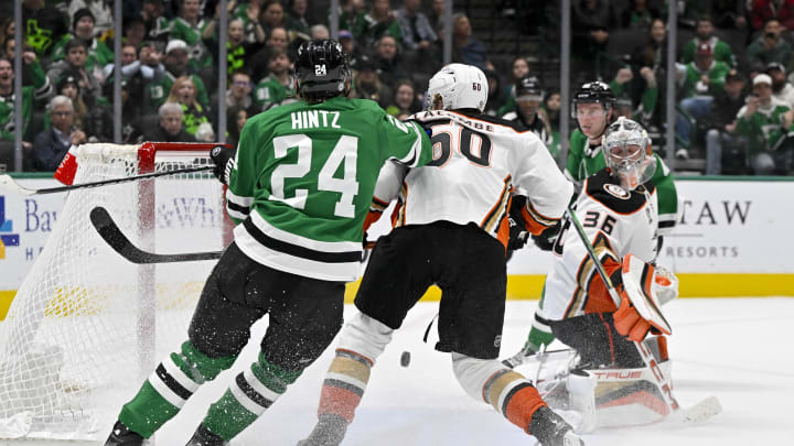 Jan 25, 2024; Dallas, Texas, USA; Dallas Stars defenseman Thomas Harley (55) scores the game winning