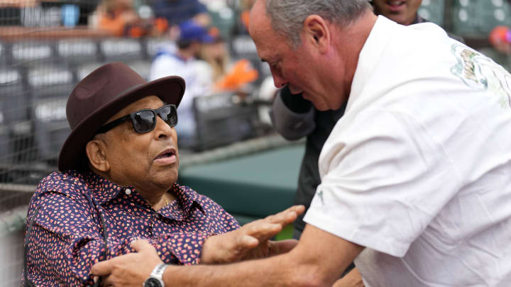 Sep 17, 2022; San Francisco, California, USA; San Francisco Giants former outfielder Orlando Cepeda (left) talks with former first baseman Will Clark (right) before the game against the Los Angeles Dodgers at Oracle Park.
