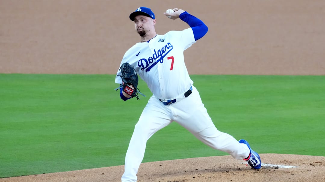Oct 29, 2025; Los Angeles, California, USA; Los Angeles Dodgers pitcher Blake Snell (7) pitches against the Toronto Blue Jays in the first inning during game five of the 2025 MLB World Series at Dodger Stadium. Mandatory Credit: Kirby Lee-Imagn Images