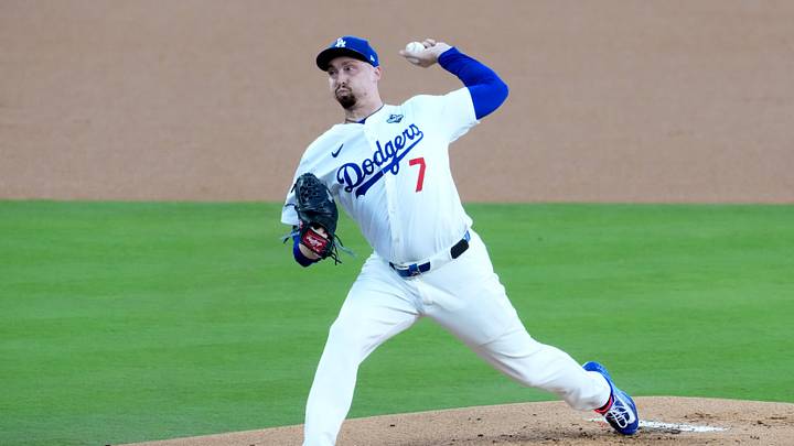 Oct 29, 2025; Los Angeles, California, USA; Los Angeles Dodgers pitcher Blake Snell (7) pitches against the Toronto Blue Jays in the first inning during game five of the 2025 MLB World Series at Dodger Stadium. Mandatory Credit: Kirby Lee-Imagn Images