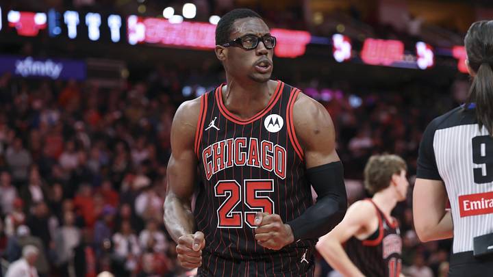 Jan 13, 2026; Houston, Texas, USA; Chicago Bulls forward Jalen Smith (25) reacts after a play during the fourth quarter against the Houston Rockets at Toyota Center. Mandatory Credit: Troy Taormina-Imagn Images