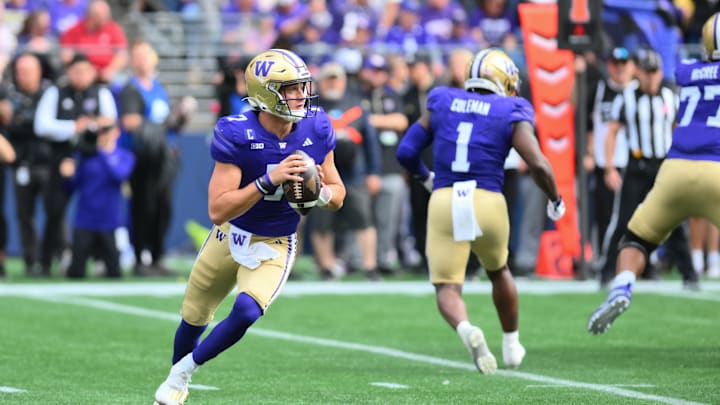 Sep 14, 2024; Seattle, Washington, USA; Washington Huskies quarterback Will Rogers (7) looks to pass the ball against the Washington State Cougars during the first half at Lumen Field. Mandatory Credit: Steven Bisig-Imagn Images