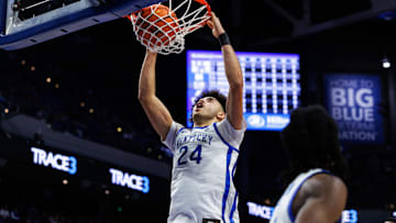 Nov 21, 2025; Lexington, Kentucky, USA; Kentucky Wildcats center Malachi Moreno (24) dunks the ball during the second half against the Loyola (MD) Greyhounds at Rupp Arena at Central Bank Center. Mandatory Credit: Jordan Prather-Imagn Images