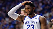 Nov 14, 2025; Lexington, Kentucky, USA; Kentucky Wildcats forward Mouhamed Dioubate (23) gestures from the bench during the second half against the Eastern Illinois Panthers at Rupp Arena at Central Bank Center. Mandatory Credit: Jordan Prather-Imagn Images