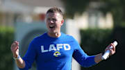 Jul 23, 2025; Los Angeles, CA, USA; Los Angeles Rams offensive coordinator Mike LaFleur during training camp at Loyola Marymount University. Mandatory Credit: Kirby Lee-Imagn Images