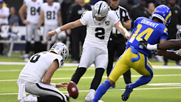 Oct 20, 2024; Inglewood, California, USA; Las Vegas Raiders place kicker Daniel Carlson (2) kicks a second field goal against the Los Angeles Rams in the first half at SoFi Stadium. Mandatory Credit: Alex Gallardo-Imagn Images
