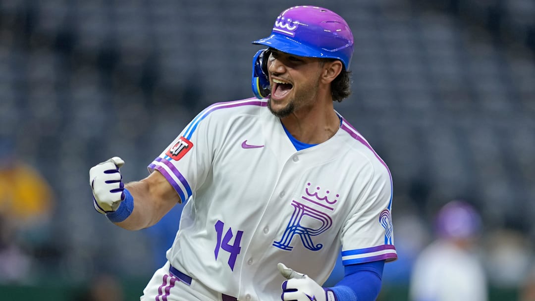 Apr 26, 2026; Kansas City, Missouri, USA; Kansas City Royals right fielder Jac Caglianone (14) celebrates after hitting a game-tying home run in the bottom of the ninth inning against the Los Angeles Angels at Kauffman Stadium. Mandatory Credit: Jay Biggerstaff-Imagn Images