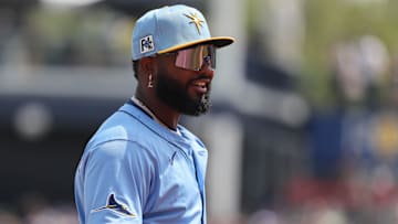 Mar 23, 2025; Tampa, Florida, USA; Tampa Bay Rays third base Junior Caminero (13) looks on during the first inning against the New York Yankees at George M. Steinbrenner Field. Mandatory Credit: Kim Klement Neitzel-Imagn Images