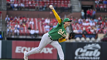 Aug 15, 2023; St. Louis, Missouri, USA;  Oakland Athletics starting pitcher Spenser Watkins (36) delivers a pitch during a game against the St. Louis Cardinals