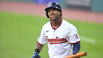Aug 26, 2025; Cleveland, Ohio, USA; Cleveland Guardians third baseman Jose Ramirez (11) reacts after striking out in the third inning against the Tampa Bay Rays at Progressive Field. Mandatory Credit: David Richard-Imagn Images