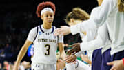 Notre Dame guard Hannah Hidalgo (3) is checked out of the second round of the NCAA Women's Basketball Tournament between Notre Dame and Michigan at Purcell Pavilion on Sunday, March 23, 2025, in South Bend.