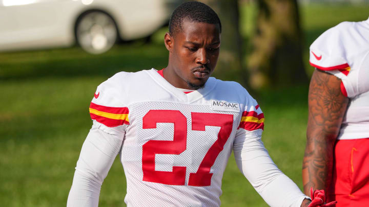 Jul 22, 2024; St. Joseph, MO, USA; Kansas City Chiefs safety Chamarri Conner (27) walks down the hill from the locker room to the fields prior to training camp at Missouri Western State University. Mandatory Credit: Denny Medley-USA TODAY Sports