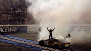 Aug 11, 2024; Richmond, Virginia, USA; NASCAR Cup Series driver Austin Dillion (3) celebrates winning the Cook Out 400 at Richmond Raceway. Photo Credit