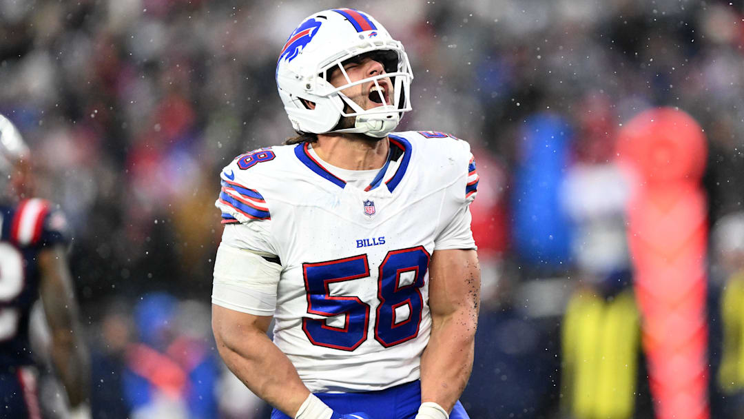 Dec 14, 2025; Foxborough, Massachusetts, USA; Buffalo Bills linebacker Matt Milano (58) reacts after a sack against the New England Patriots during the second half at Gillette Stadium. Mandatory Credit: Brian Fluharty-Imagn Images
