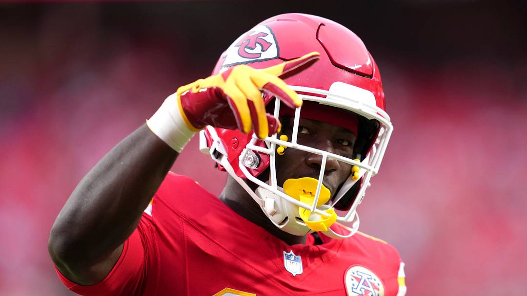 Sep 20, 2026; Kansas City, Missouri, USA;  Kansas City Chiefs running back Emmett Johnson (10) looks on during warmups prior to the game against the Indianapolis Colts at GEHA Field at Arrowhead Stadium.  Mandatory Credit: Jay Biggerstaff-Imagn Images