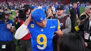 Jan 13, 2025; Glendale, AZ, USA; Los Angeles Rams quarterback Matthew Stafford (9) speaks to the media after the NFC wild card game against the Minnesota Vikings at State Farm Stadium. Mandatory Credit: Joe Camporeale-Imagn Images