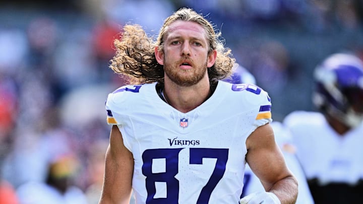 Oct 15, 2023; Chicago, Illinois, USA;  Minnesota Vikings tight end T.J. Hockenson (87) warms up before a game against the Chicago Bears at Soldier Field.