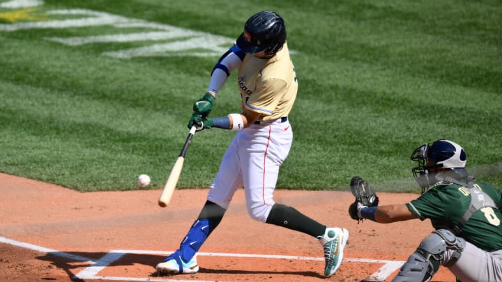 Jul 8, 2023; Seattle, Washington, USA; American League Futures shortstop Marcelo Mayer (10) of the Boston Red Sox hits a single against the National League during the first inning of the All Star-Futures game at T-Mobile Park. Mandatory Credit: Steven Bisig-USA TODAY Sports