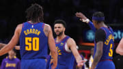 May 20, 2023; Los Angeles, California, USA; Denver Nuggets guard Jamal Murray (27) celebrates with forward Aaron Gordon (50) and guard Kentavious Caldwell-Pope (5) during game three of the Western Conference Finals for the 2023 NBA playoffs against the Los Angeles Lakers at Crypto.com Arena.