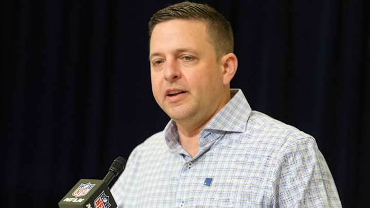 Feb 24, 2026; Indianapolis, IN, USA; New England Patriots general manager Eliot Wolf speaks at the NFL Scouting Combine at the Indiana Convention Center. Mandatory Credit: Kirby Lee-Imagn Images