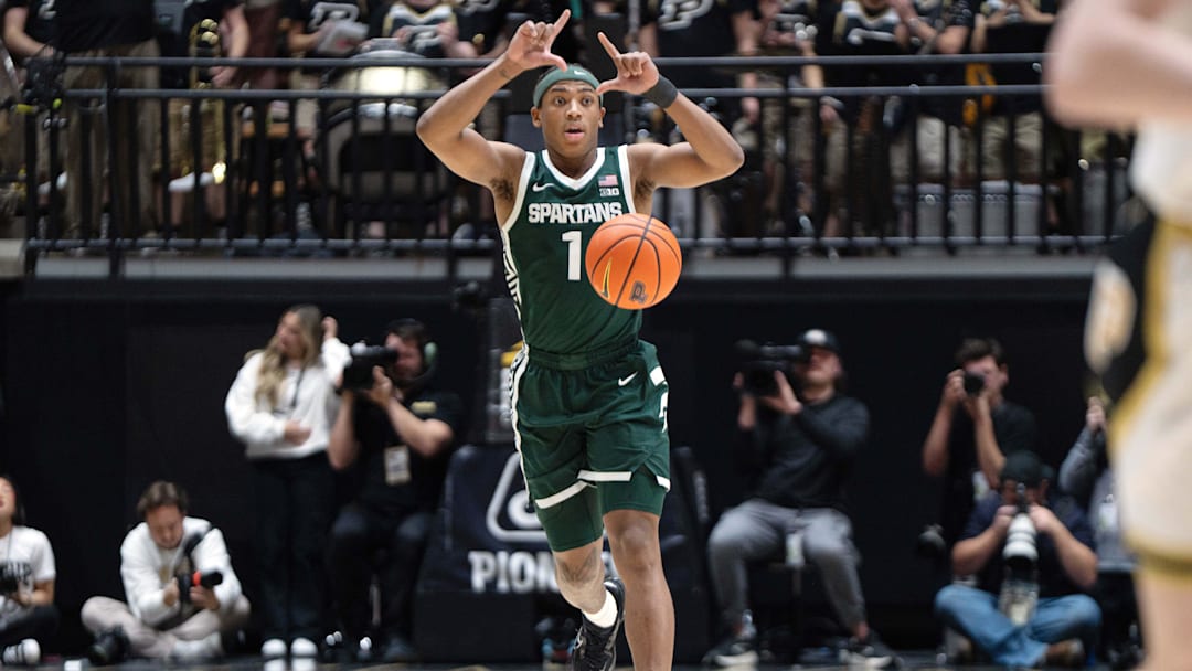 Feb 26, 2026; West Lafayette, Indiana, USA; Michigan State Spartans guard Jeremy Fears Jr. (1) calls a play during the first half of a game against the Purdue Boilermakers at Mackey Arena. Mandatory Credit: Jacob Musselman-Imagn Images Feb 26, 2026; West Lafayette, Indiana, USA; Michigan State Spartans guard Jeremy Fears Jr. (1) calls a play during the first half of a game against the Purdue Boilermakers at Mackey Arena. Mandatory Credit: Jacob Musselman-Imagn Images