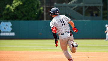 Jun 8, 2025; Chapel Hill, NC, USA;  Arizona outfielder Aaron Walton (11) runs the bases during the first inning of the Super Regionals game against North Carolina in Chapel Hill, North Carolina. Mandatory Credit: Jaylynn Nash-Imagn Images