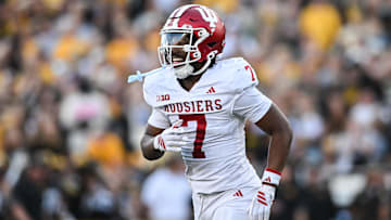 Sep 27, 2025; Iowa City, Iowa, USA; Indiana Hoosiers defensive back Louis Moore (7) reacts late during the game against the Iowa Hawkeyes at Kinnick Stadium. Mandatory Credit: Jeffrey Becker-Imagn Images