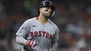 Boston Red Sox catcher Carlos Narvaez (75) rounds the bases after hitting a home run during the sixth inning against the Houston Astros at Daikin Park.