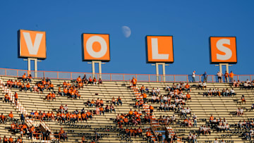 The moon raises behind the VOLS sign before a game between Tennessee and Florida in Neyland Stadium, in Knoxville, Tenn., Oct. 12, 2024.