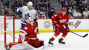 Dec 27, 2024; Detroit, Michigan, USA;  Detroit Red Wings goaltender Cam Talbot (39) makes a save in the first period against the Toronto Maple Leafs at Little Caesars Arena. Mandatory Credit: Rick Osentoski-Imagn Images