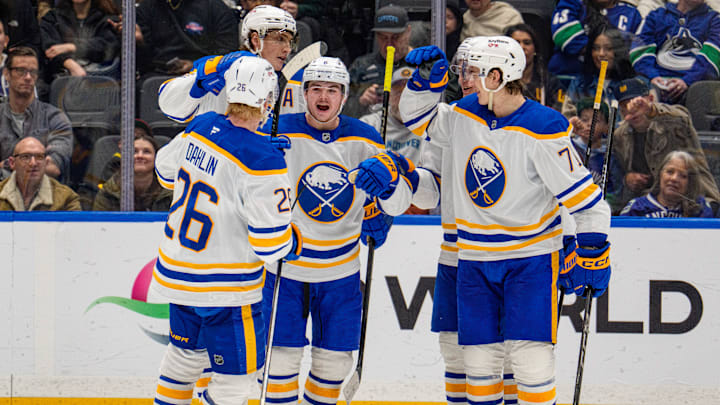 Buffalo Sabres players Rasmus Dahlin, Tage Thompson, Zach Benson and Ryan McLeod