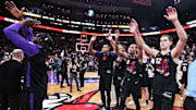 Apr 9, 2025; Toronto, Ontario, CAN; Toronto Raptors forward Scottie Barnes (4) and guard A.J. Lawson (0) acknowledge the crowd after a game against the Charlotte Hornets at Scotiabank Arena. Mandatory Credit: Nick Turchiaro-Imagn Images