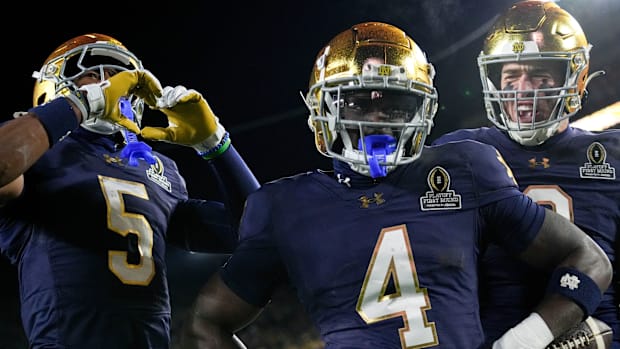 Jeremiyah Love celebrates a touchdown against Indiana in the College Football Playof