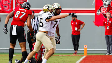 Oct 5, 2024; Raleigh, North Carolina, USA; Wake Forest Demon Deacons defensive back Evan Slocum (7) and Wake Forest Demon Deacons defensive back Devin Cook (15) celebrate a touchdown during the first half of the game against North Carolina State Wolfpack at Carter-Finley Stadium. Mandatory Credit: Jaylynn Nash-Imagn Images