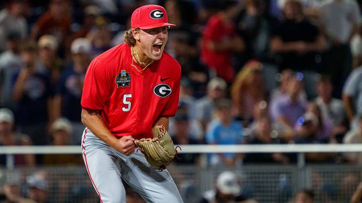 Jun 16, 2026; Omaha, NE, USA; Georgia Bulldogs pitcher Justin Byrd (5) reacts after defeating the Texas Longhorns at Charles Schwab Field. Mandatory Credit: Dylan Widger-Imagn Images