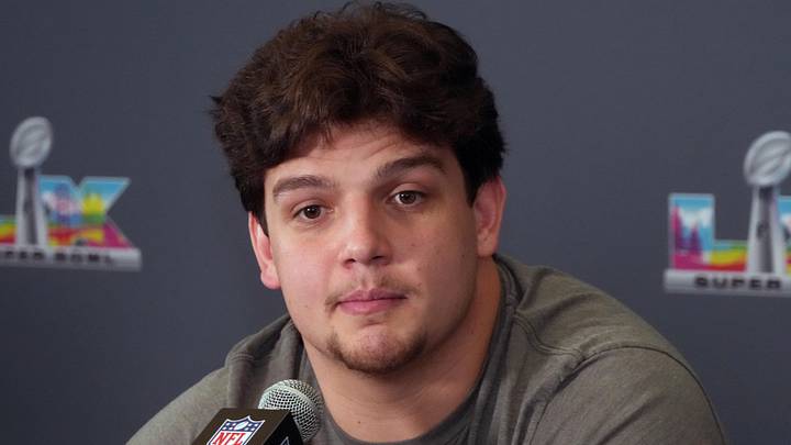 Feb 3, 2026; Santa Clara, CA, USA; New England Patriots offensive tackle Will Campbell speaks to the media during Super Bowl LX press conference at Santa Clara Marriott. Mandatory Credit: Kirby Lee-Imagn Images