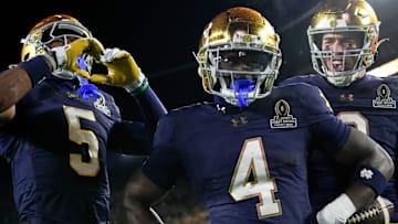 Notre Dame Fighting Irish running back Jeremiyah Love (4) celebrates after scoring a touchdown during the first half of a game between the Indiana Hoosiers and the Notre Dame Fighting Irish in first round of the College Football Playoff on Friday, Dec. 20, 2024, in South Bend.
