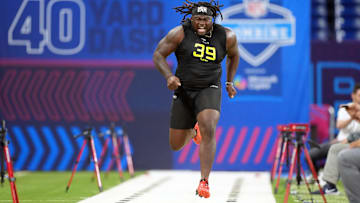 Feb 27, 2025; Indianapolis, IN, USA; Indiana defensive lineman CJ West (DL39) participates in drills during the 2025 NFL Combine at Lucas Oil Stadium. Mandatory Credit: Kirby Lee-Imagn Images